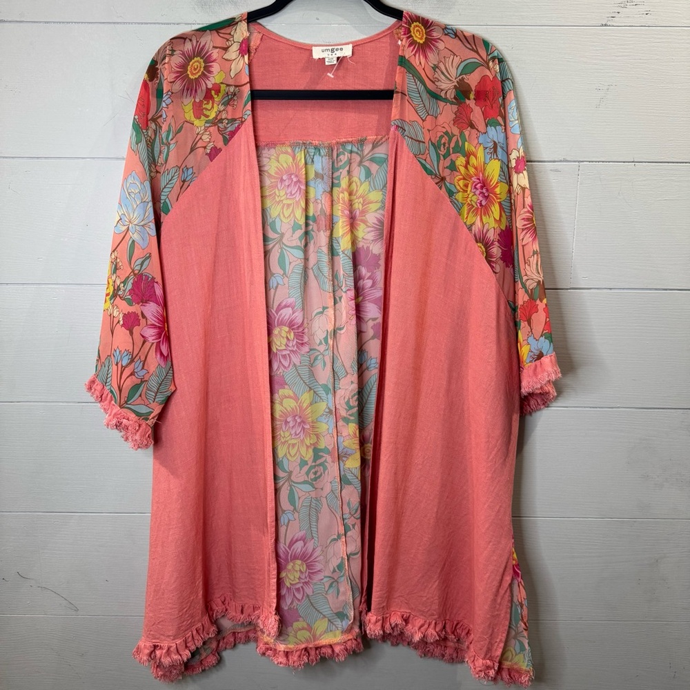 Umgee Coral Floral Kimono Duster Fringe Trim Boho Cardigan Size Small / Medium - Picture 13 of 13